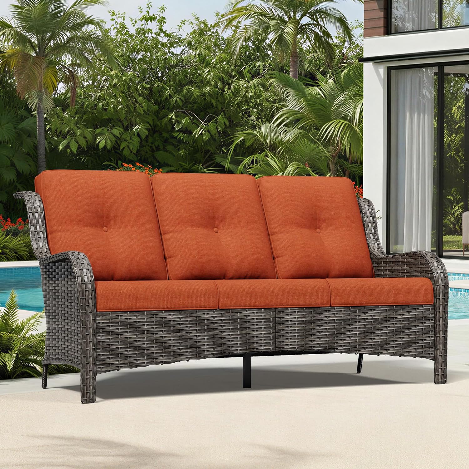 Wicker 3‑Seat High‑Back Outdoor Patio Sofa