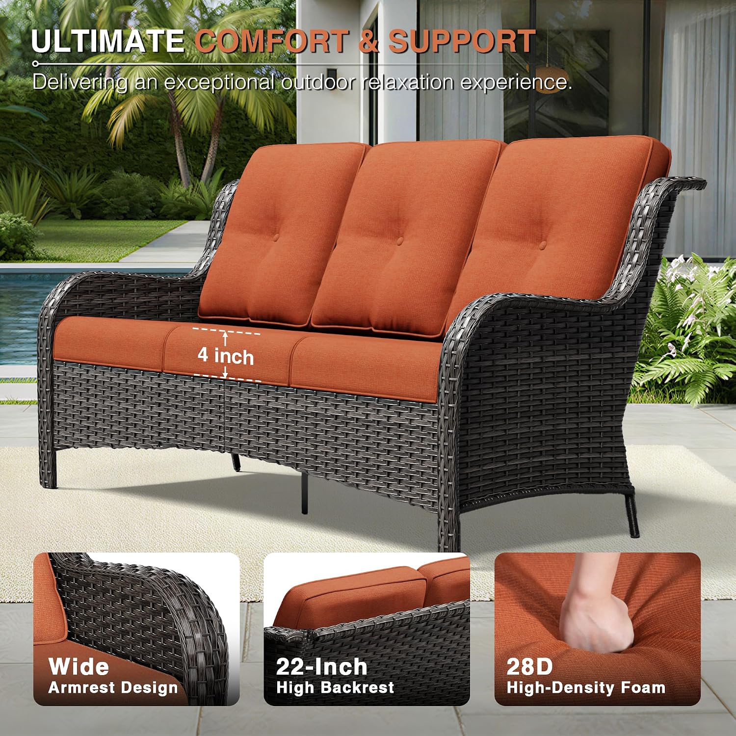 Wicker 3‑Seat High‑Back Outdoor Patio Sofa
